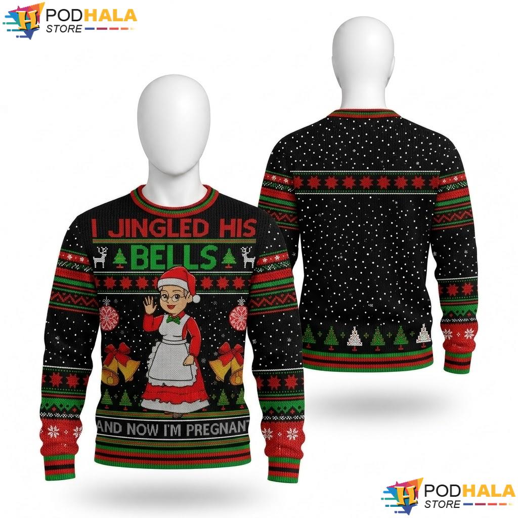 Jingled His Bells Pregnant Ugly Xmas Sweater Funny Adult Holiday Top