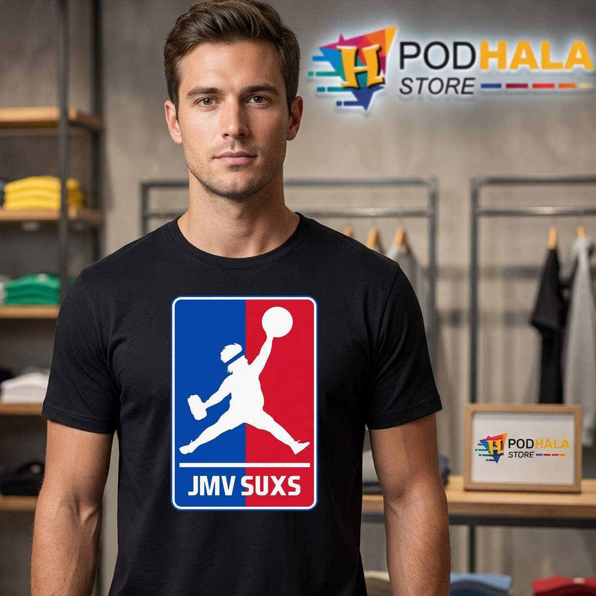 JMV Suxs Jordan Logo Parody Shirt Funny Basketball Meme Graphic Design Mens