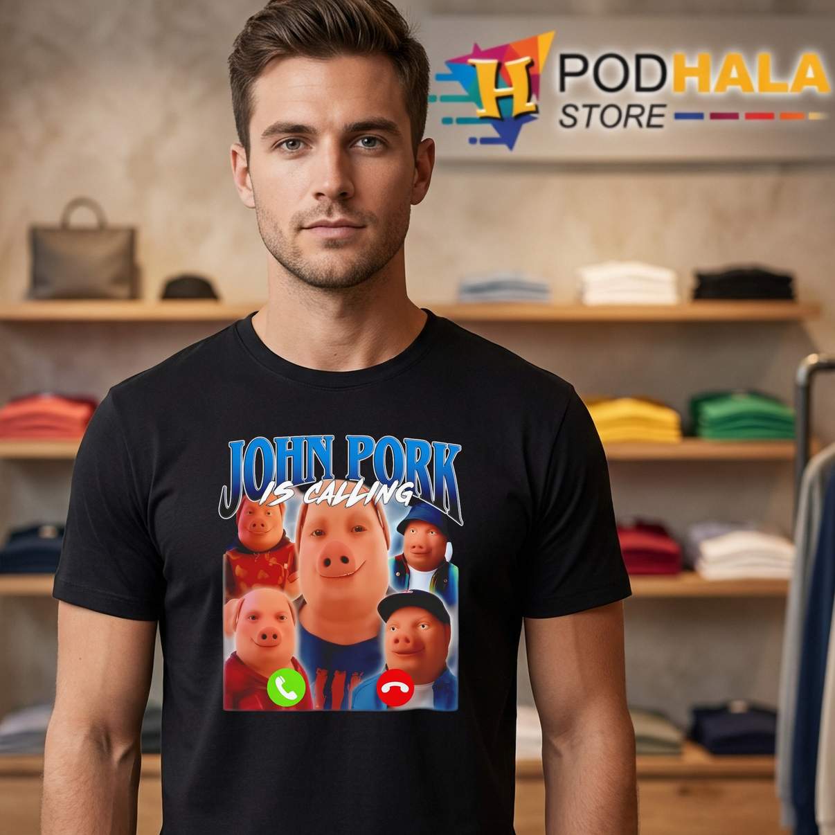 John Pork Is Calling Funny Shirt Sarcastic Internet Meme Humor Graphic Mens