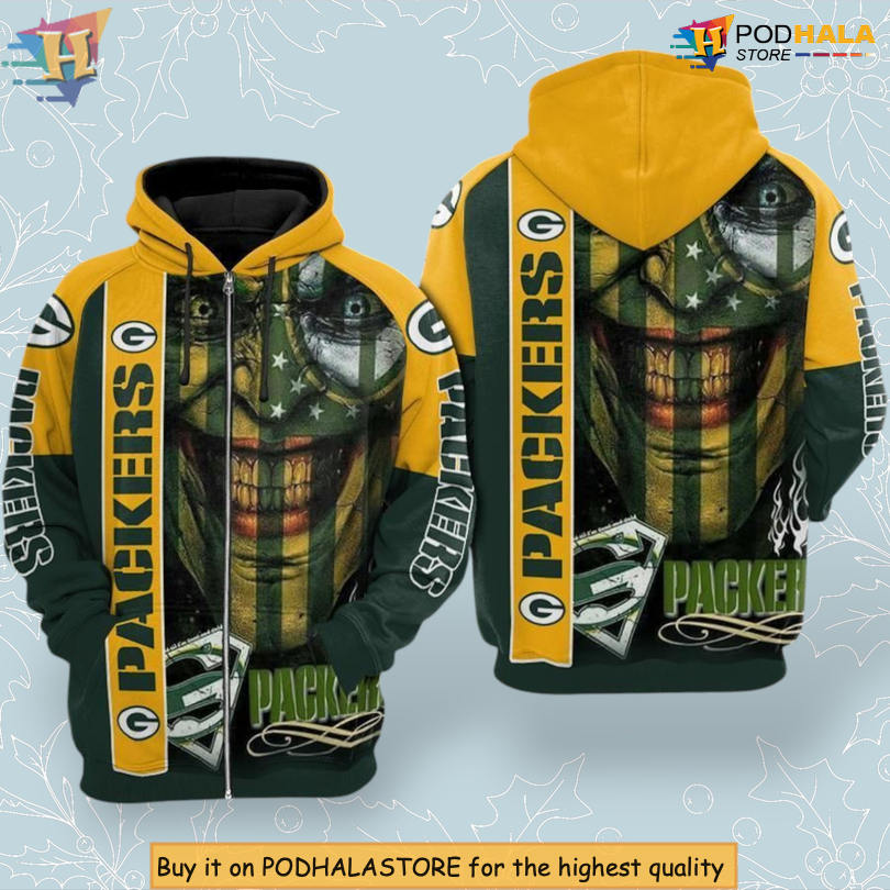 Joker Smile Horror Theme Green Bay Packers Hoodie 3D Zip Up Unisex
