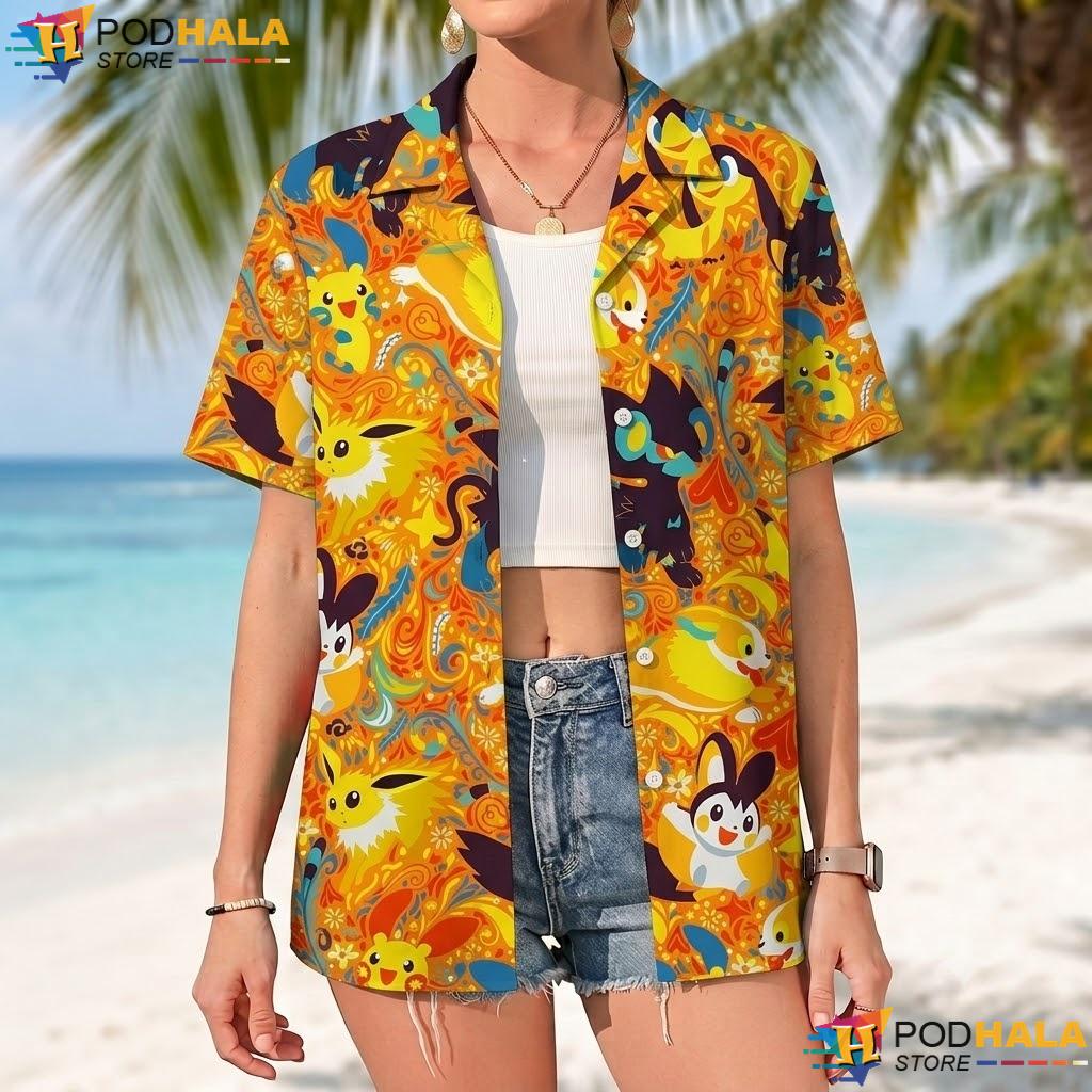 Jolteon Luxray Button Up Tee Kawaii Vintage Summer Anime Apparel Jolteon Luxray Button Up Tee Kawaii Vintage Summer Anime Apparel