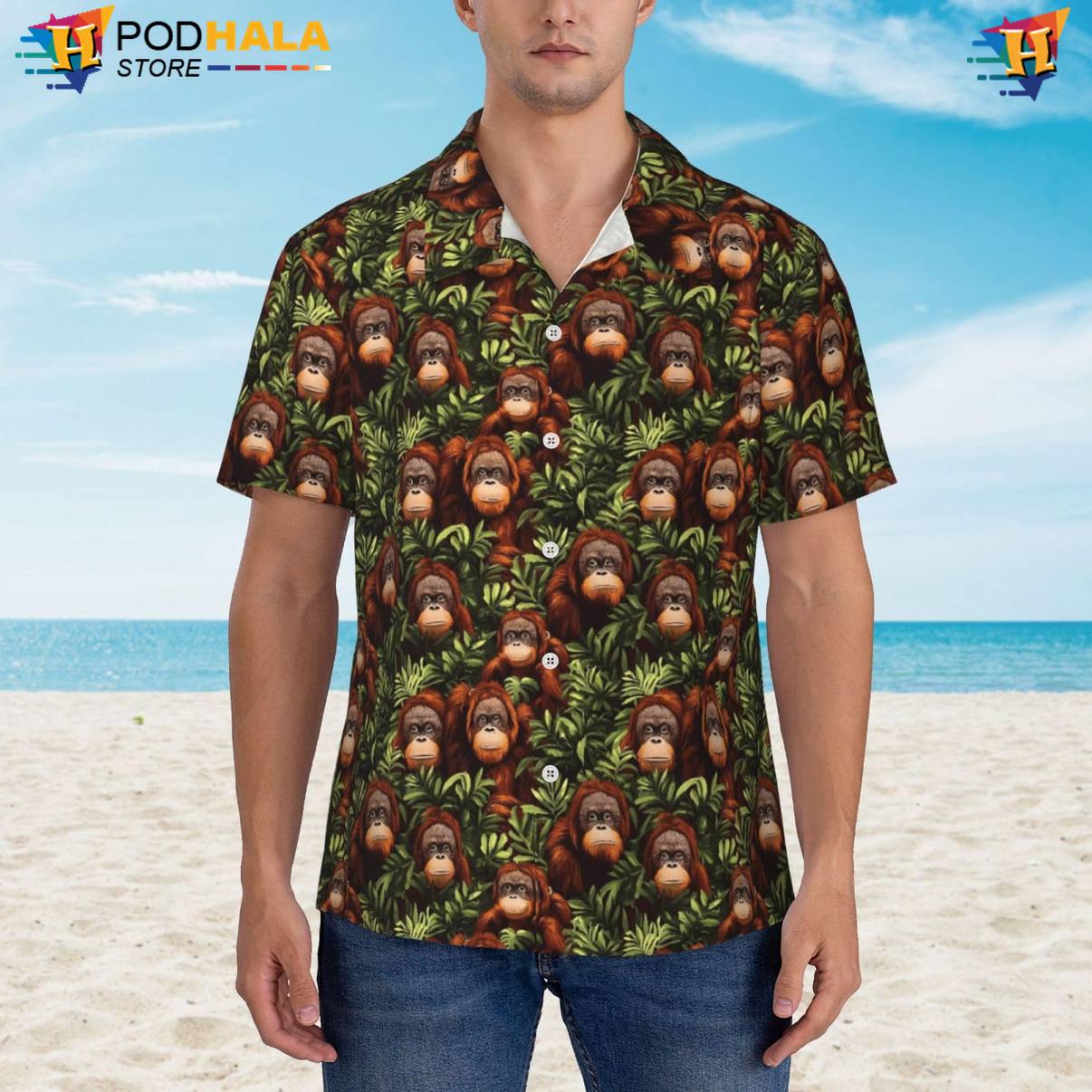 Jungle Orangutans Aloha Shirt Tropical Vacation Cruise Holiday Button Down
