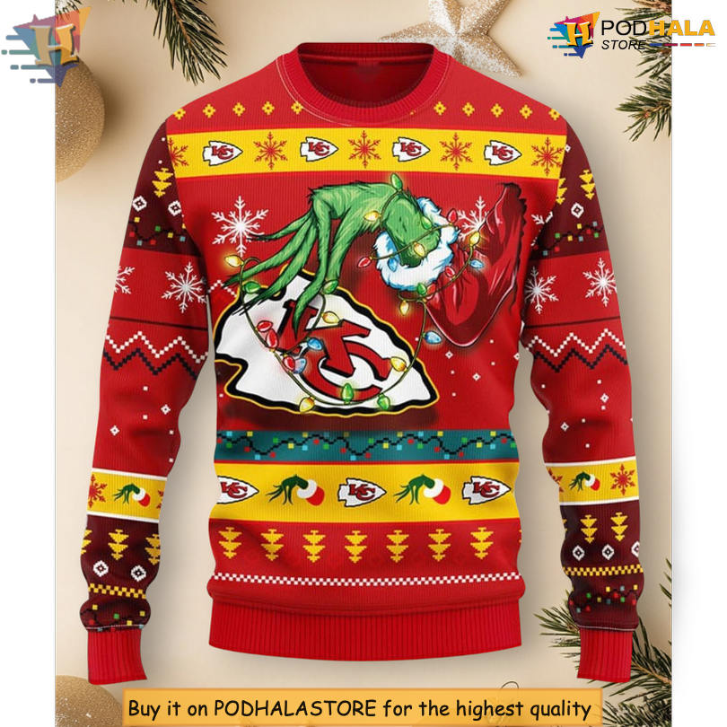 Kansas City Chiefs Grinch Design NFL Team Scene Funny 3D Christmas Sweater