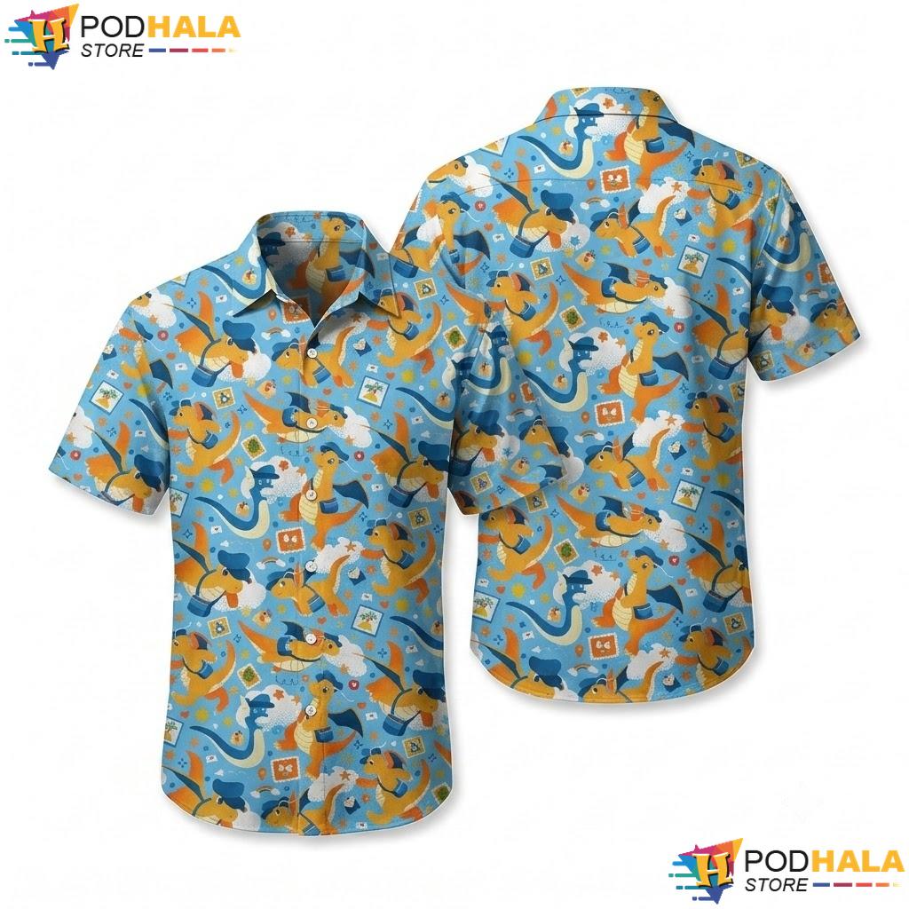 Kawaii Dragonite Hawaiian Shirt Cute Dragon Pattern Summer Anime Top