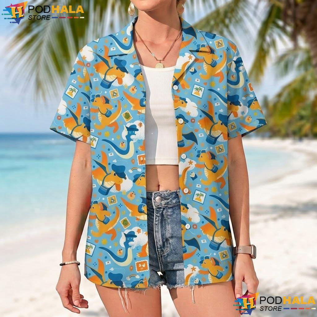 Kawaii Dragonite Short-sleeve button-up shirt Cute Dragon Pattern Summer Anime Top Kawaii Dragonite Short-sleeve button-up shirt Cute Dragon Pattern Summer Anime Top