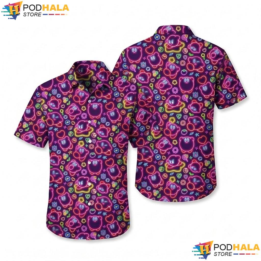 Kirby Neon Glow Hawaiian Shirt Cute Fantasy Pattern Beach Outfit Top