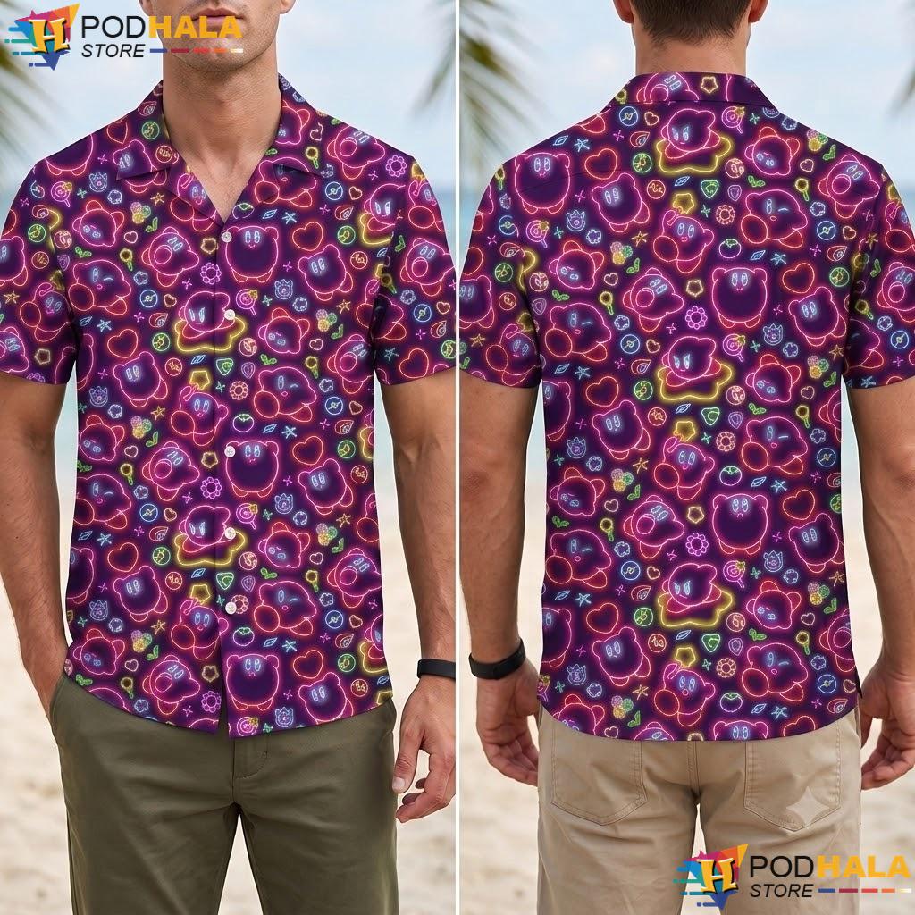 Kirby Neon Glow Aloha Shirt Cute Fantasy Pattern Beach Outfit Top Kirby Neon Glow Aloha Shirt Cute Fantasy Pattern Beach Outfit Top