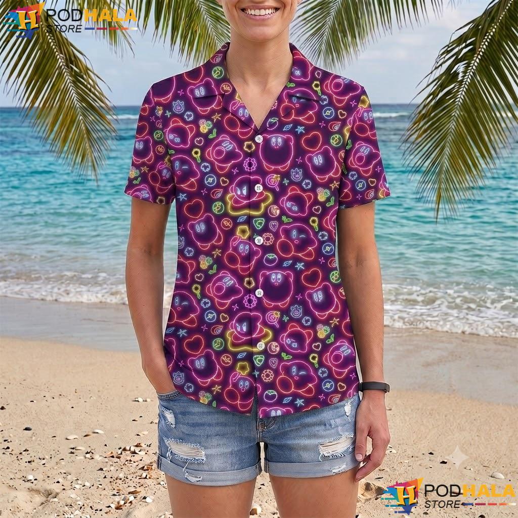 Kirby Neon Glow Tropical Shirt Cute Fantasy Pattern Beach Outfit Top Kirby Neon Glow Tropical Shirt Cute Fantasy Pattern Beach Outfit Top