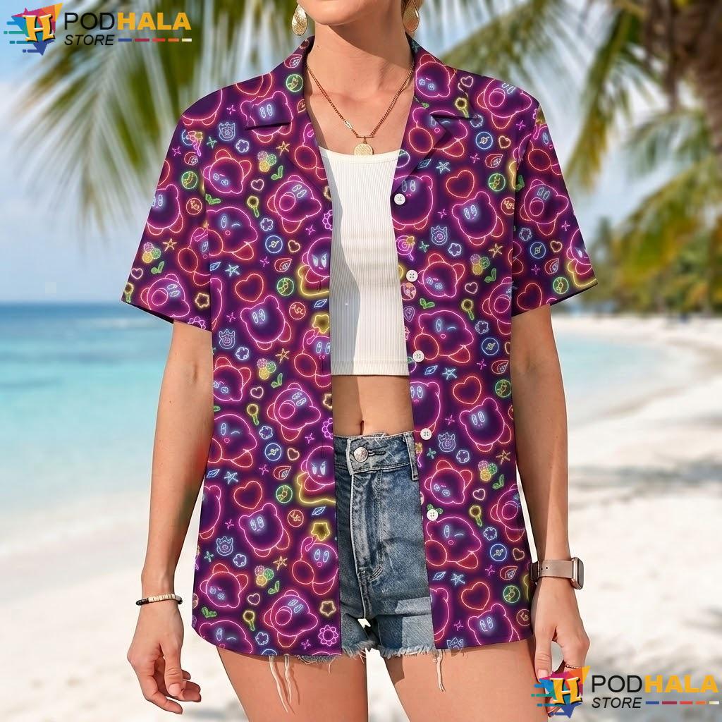 Kirby Neon Glow Short-sleeve button-up shirt Cute Fantasy Pattern Beach Outfit Top Kirby Neon Glow Short-sleeve button-up shirt Cute Fantasy Pattern Beach Outfit Top