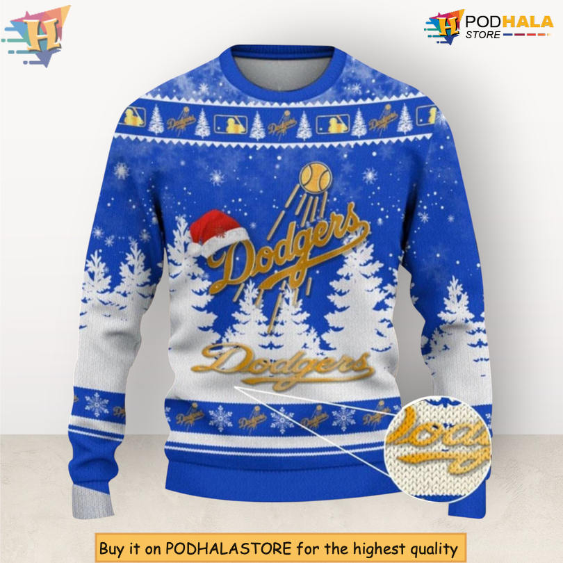 LA Dodgers Santa Hat Team Logo Design 3D Pattern Holiday Christmas Sweater