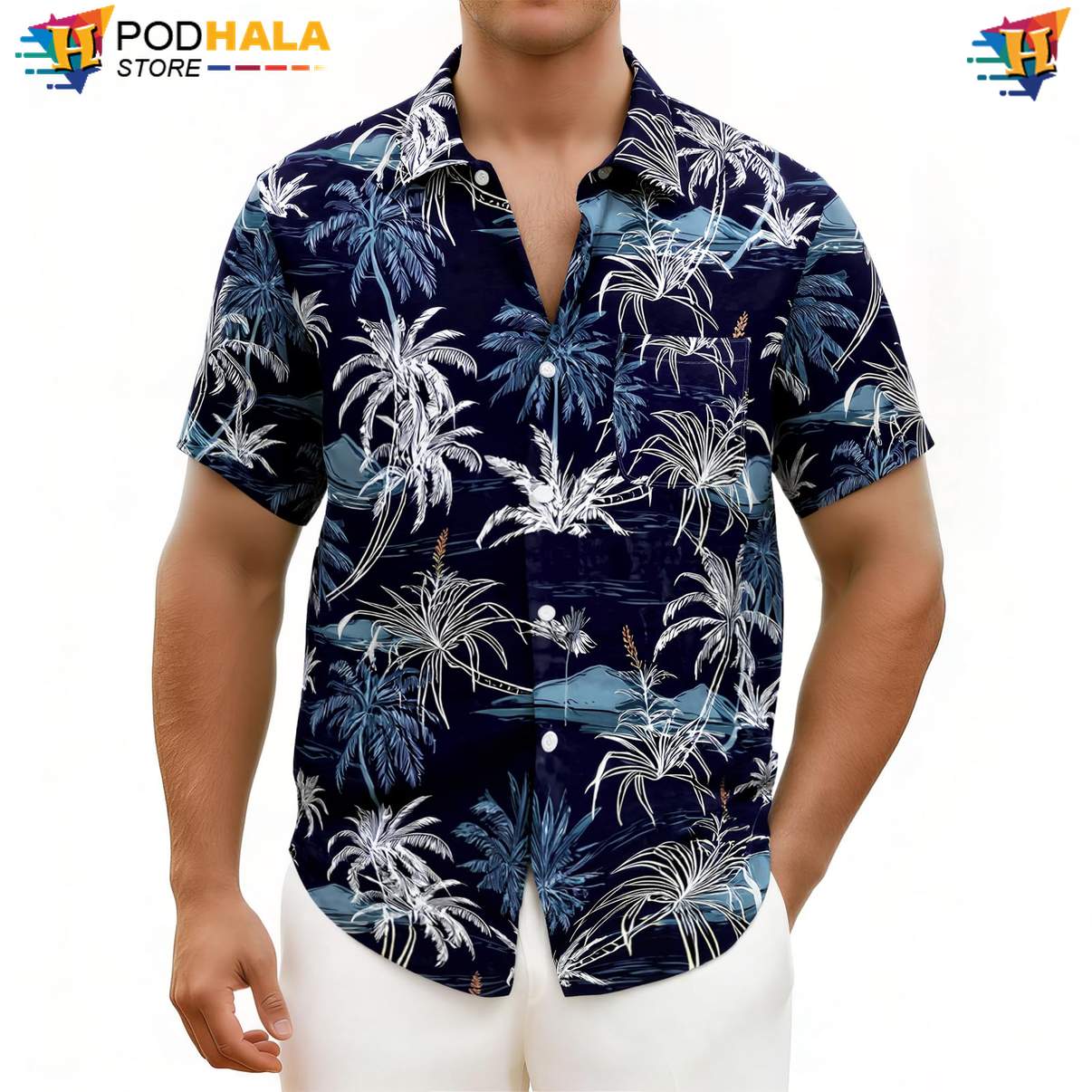 Landscape Blue Aloha Shirt Mens Tropical Floral Palm Summer Beach Lightweight