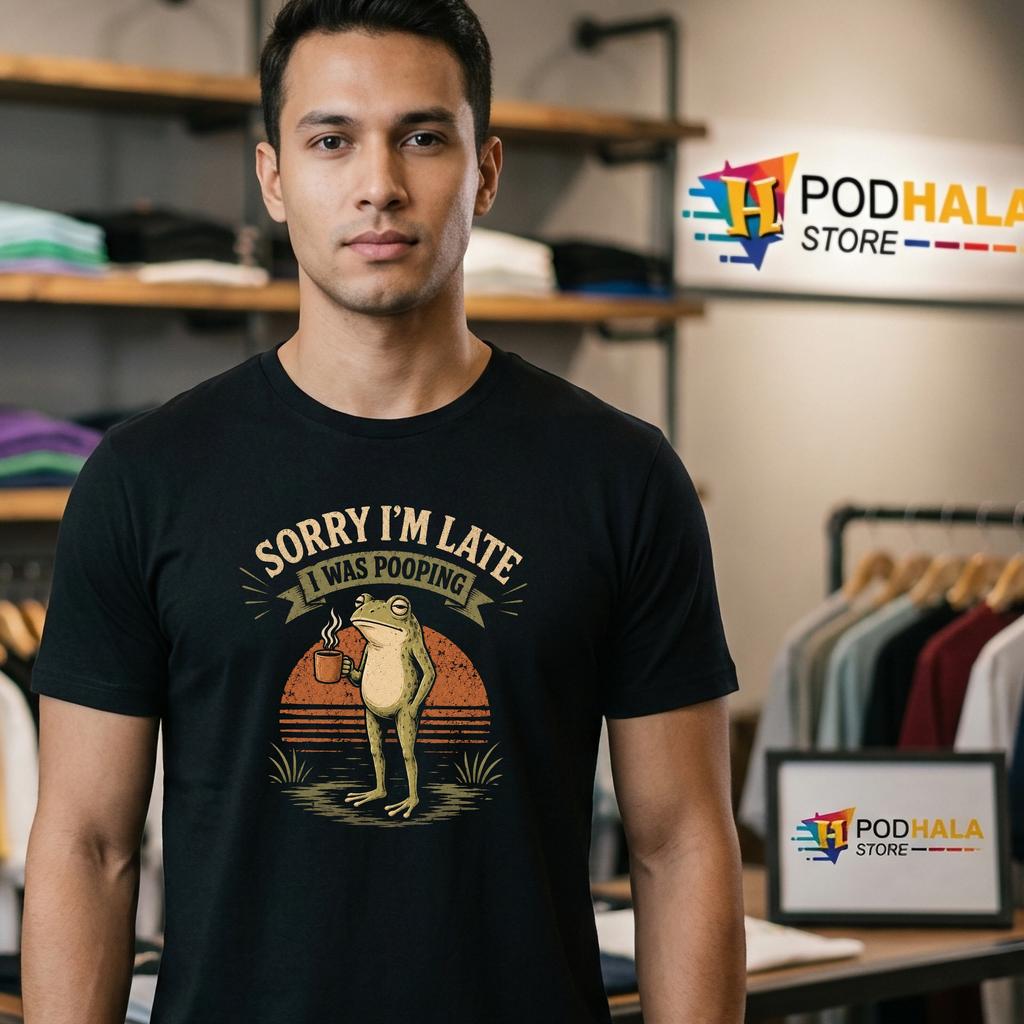 Late I Was Pooping Frog T-Shirt Funny Sorry Meme Adult Humor Graphic Apparel