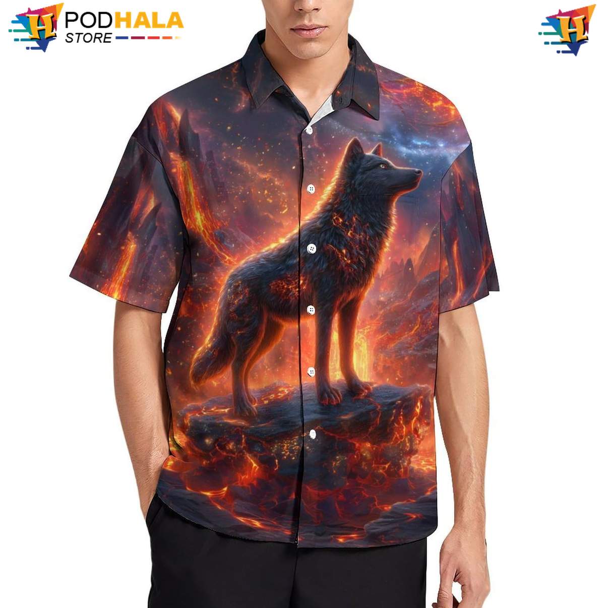 Lava Wolf Peak Aloha Shirt Mens Cool Print Casual Graphic Summer Beachwear