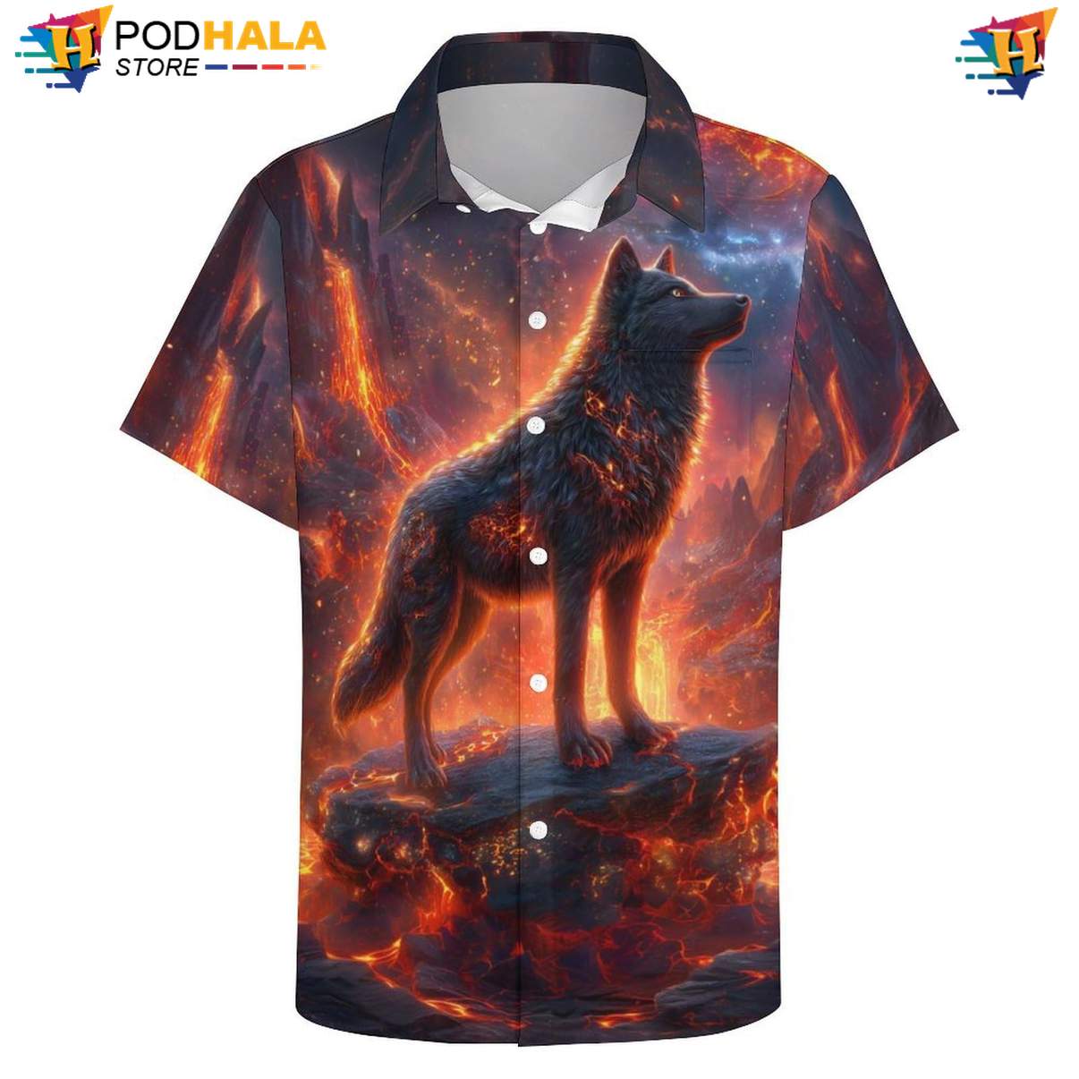 Lava Wolf Peak Short-sleeve button-up shirt Mens Cool Print Casual Graphic Summer Beachwear Lava Wolf Peak Short-sleeve button-up shirt Mens Cool Print Casual Graphic Summer Beachwear