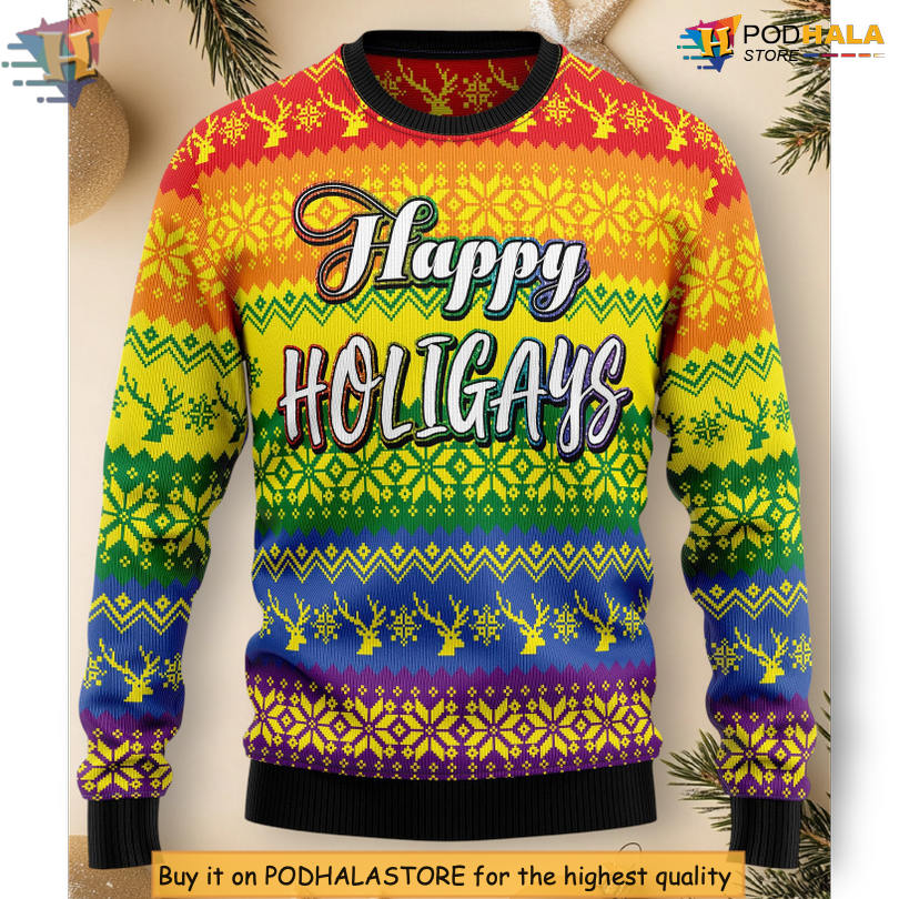 LGBT Gay Pride Rainbow Heart Happy Holigays Festive Celebration Christmas Sweater