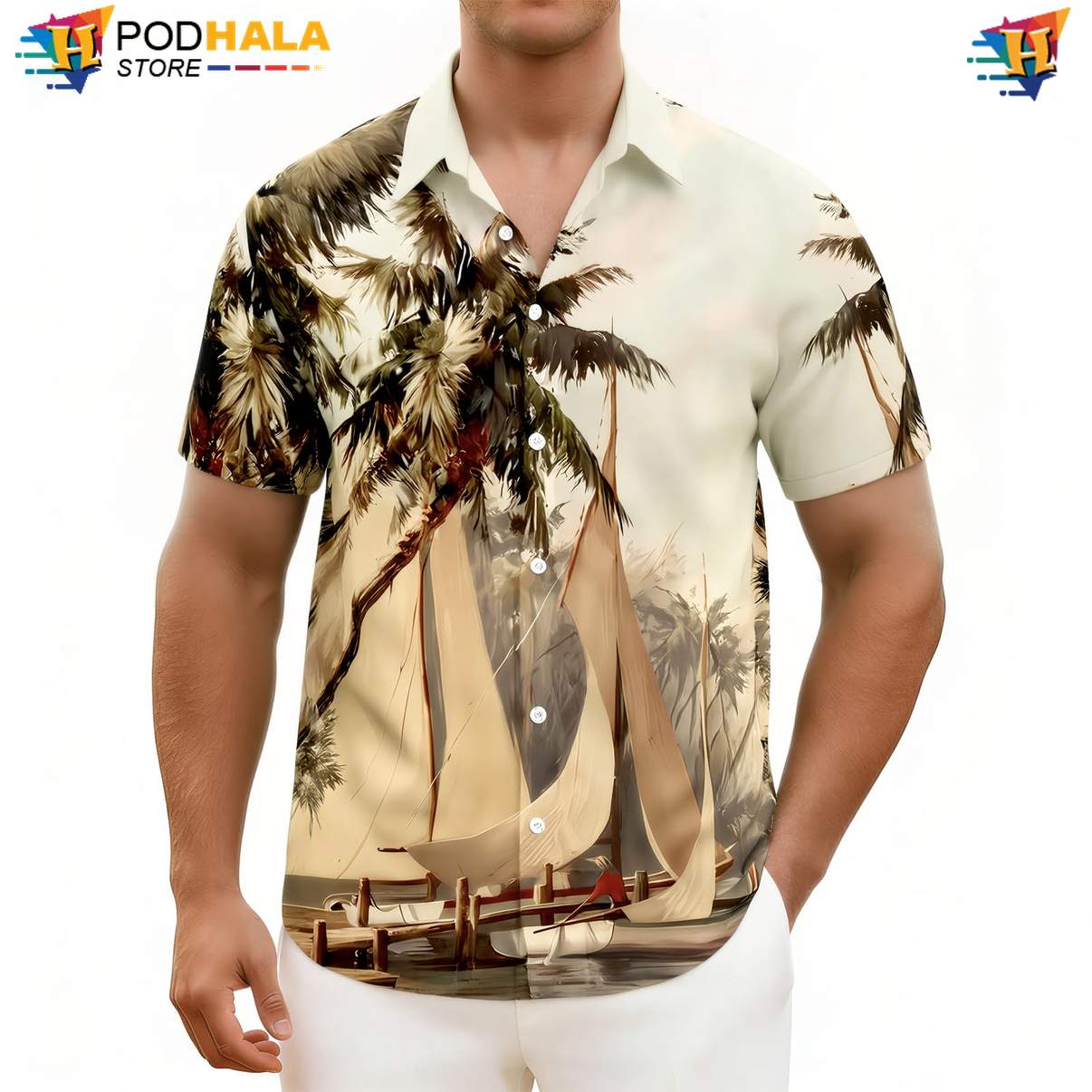 Light Brown Sailing Boat Aloha Shirt Mens Tropical Floral Beach Lightweight