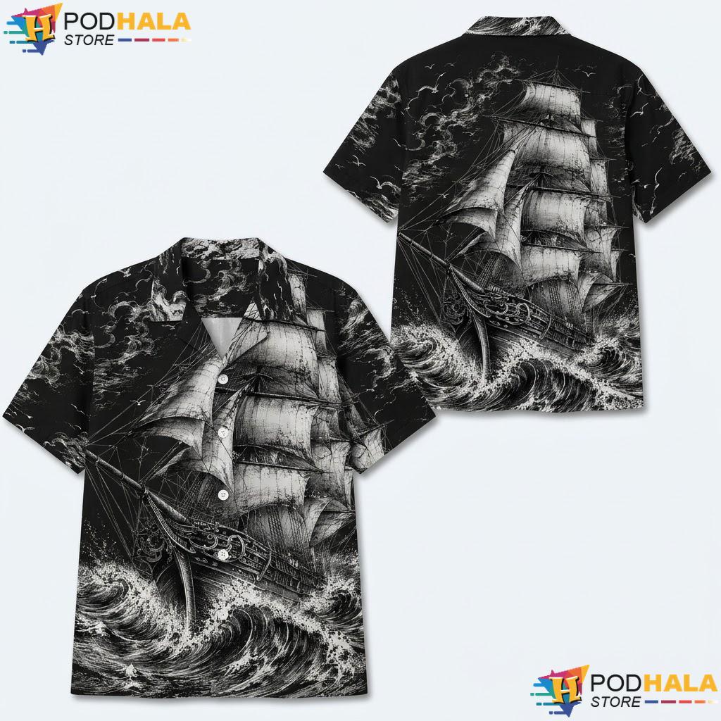 Light Grey Sailboat Aloha Shirt Classic Nautical Mens Summer Button Up