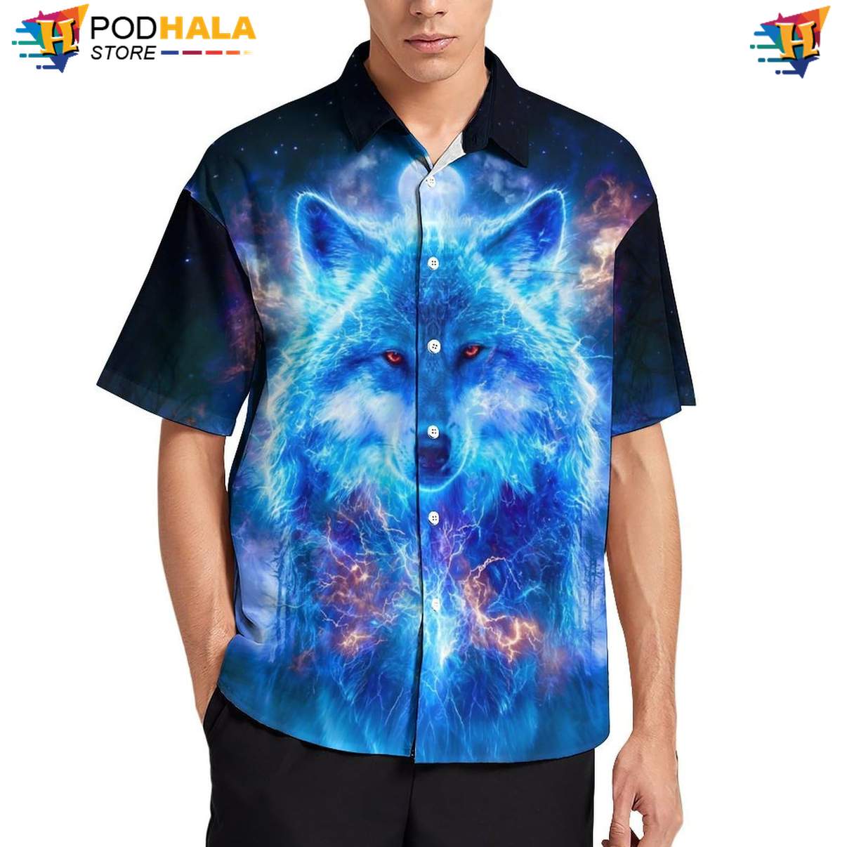 Lightning Blue Wolf Hawaiian Shirt Mens Cool Galaxy Print Vacation Outfit