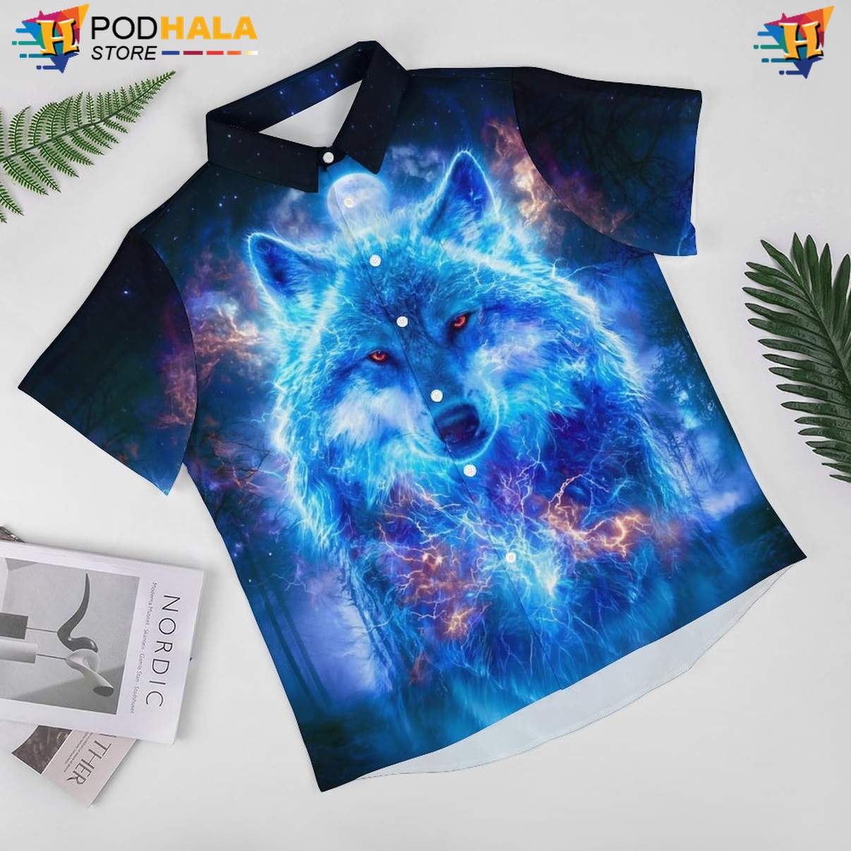 Lightning Blue Wolf Aloha Shirt Mens Cool Galaxy Print Vacation Outfit Lightning Blue Wolf Aloha Shirt Mens Cool Galaxy Print Vacation Outfit