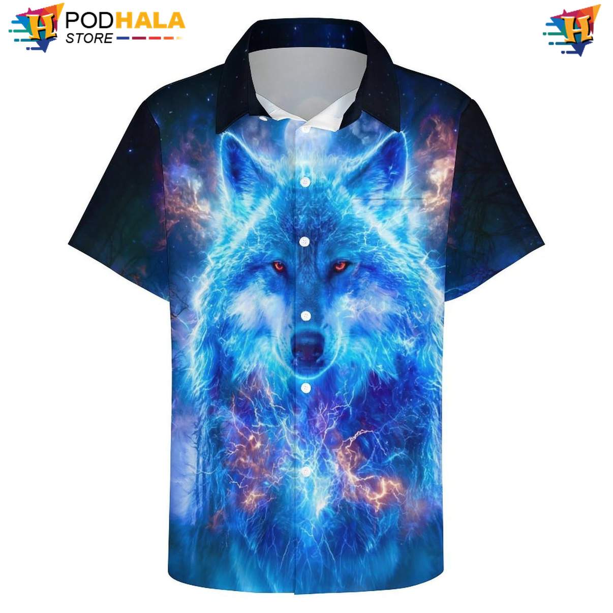 Lightning Blue Wolf Tropical Shirt Mens Cool Galaxy Print Vacation Outfit Lightning Blue Wolf Tropical Shirt Mens Cool Galaxy Print Vacation Outfit