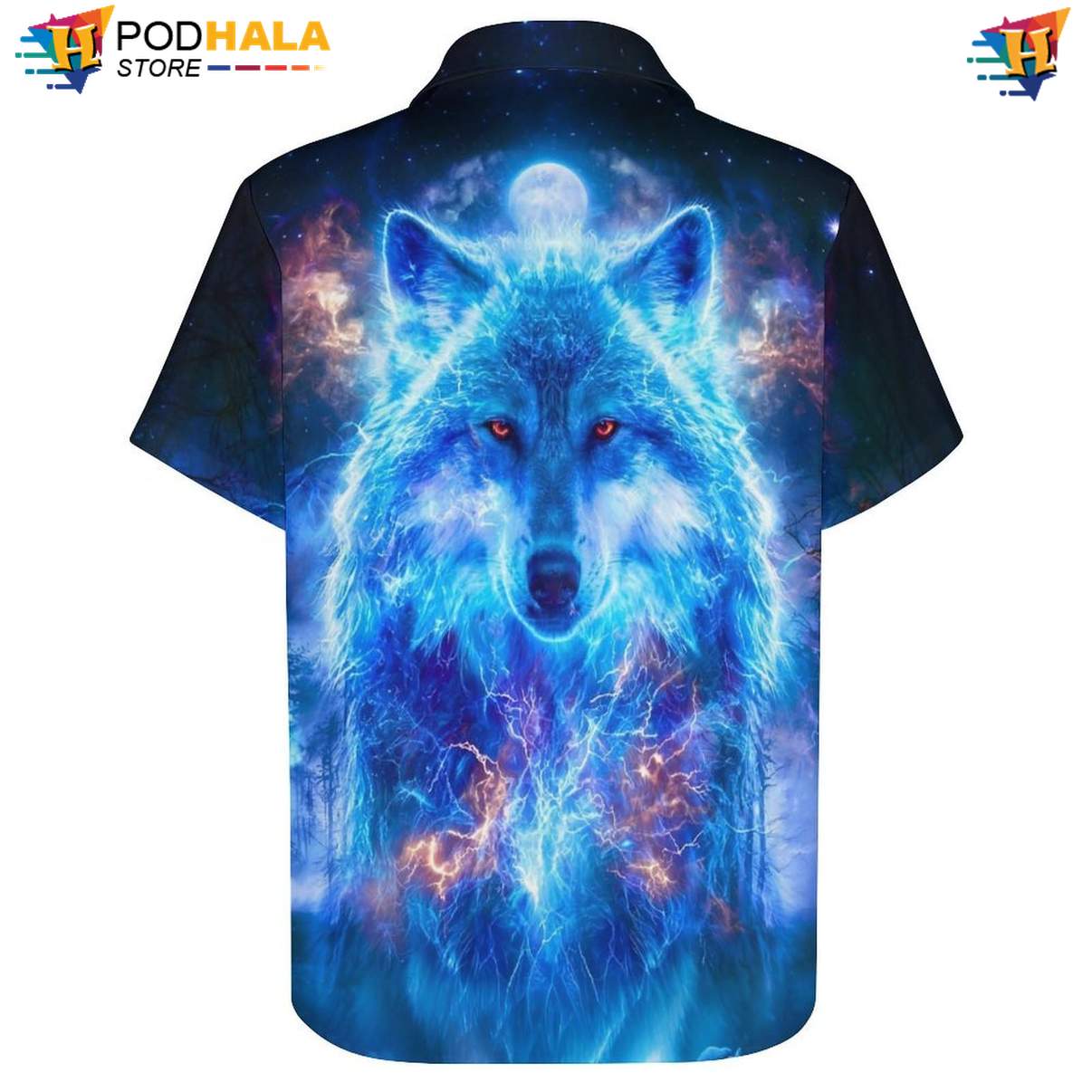 Lightning Blue Wolf Short-sleeve button-up shirt Mens Cool Galaxy Print Vacation Outfit Lightning Blue Wolf Short-sleeve button-up shirt Mens Cool Galaxy Print Vacation Outfit