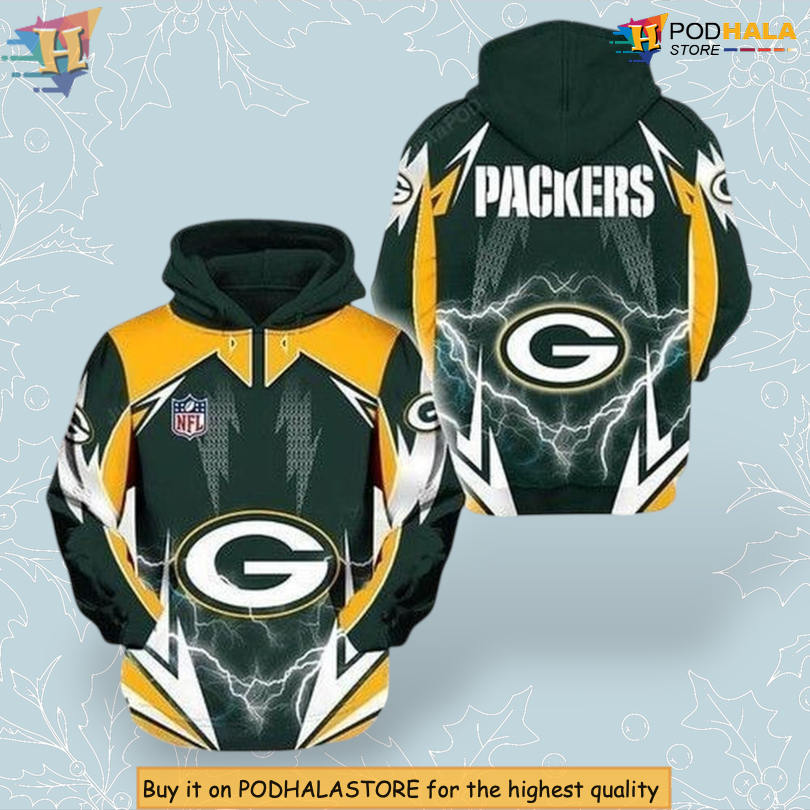 Lightning Bolt Energy Graphic Green Bay Packers Full Zip Hoodie 3D Design