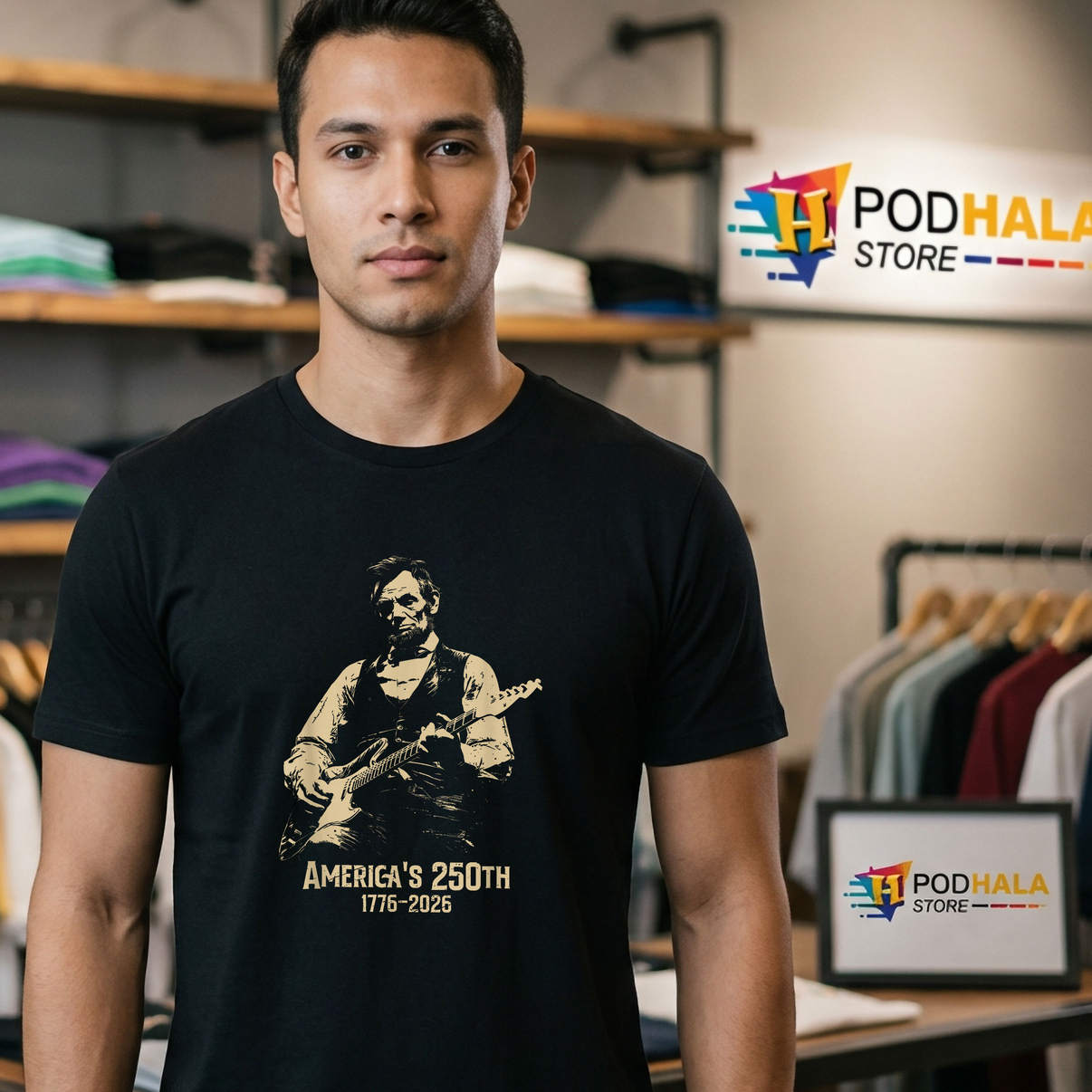 Lincoln Playing Guitar Shirt 4th Of July 250th Anniversary Funny Graphic
