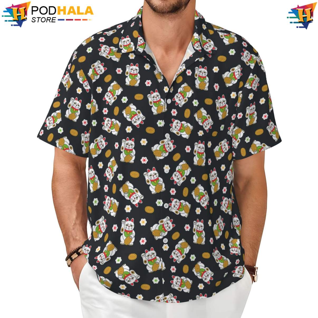 Lucky Coin Cat Hawaiian Shirt Funny Novelty Mens Short Sleeve Beach Outfit