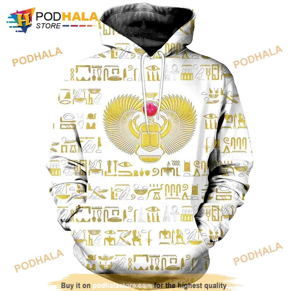Luxurious Egyptian Scarab Beetle 3d Hoodie With Gold Hieroglyphic Design