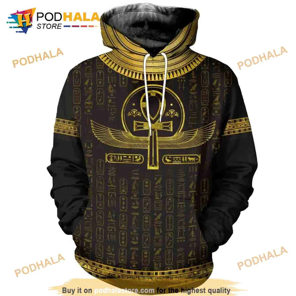 Luxury Egyptian Ankh 3d Hoodie With Wings And Hieroglyphics Design