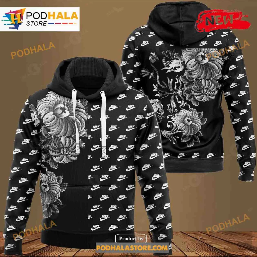 Luxury Floral Nike Logo 3d Hoodie With Intricate Gray Flower Design