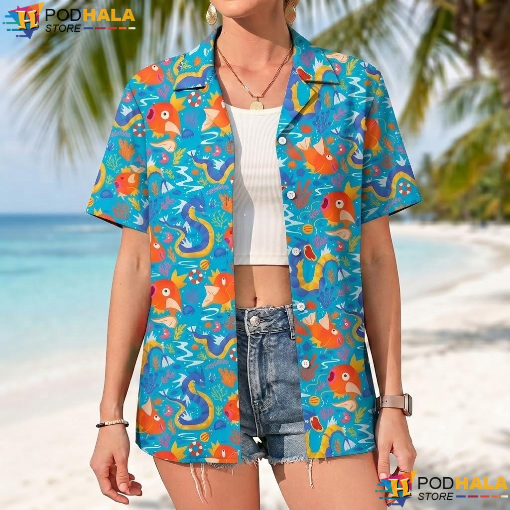 Magikarp Gyarados Short-sleeve button-up shirt Ocean Pattern Summer Beach Outfit Magikarp Gyarados Short-sleeve button-up shirt Ocean Pattern Summer Beach Outfit