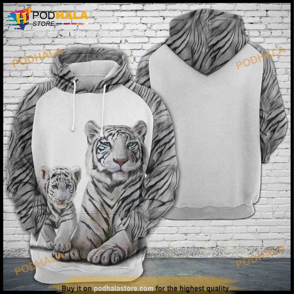 Majestic White Tiger Family 3d Hoodie With Realistic Design And Serene Expression