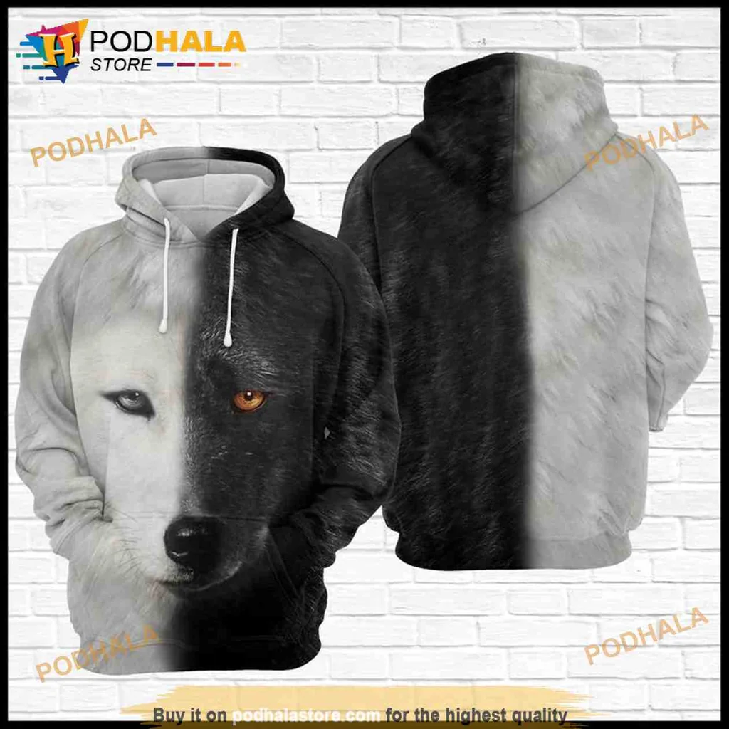 Majestic Wolf Face 3d Hoodie Featuring Striking Black And White Design