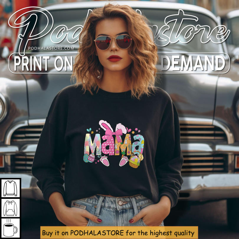 Mama Bow Bunny Graphic Easter Shirt Women Cute Mom Easter Outfit Gift