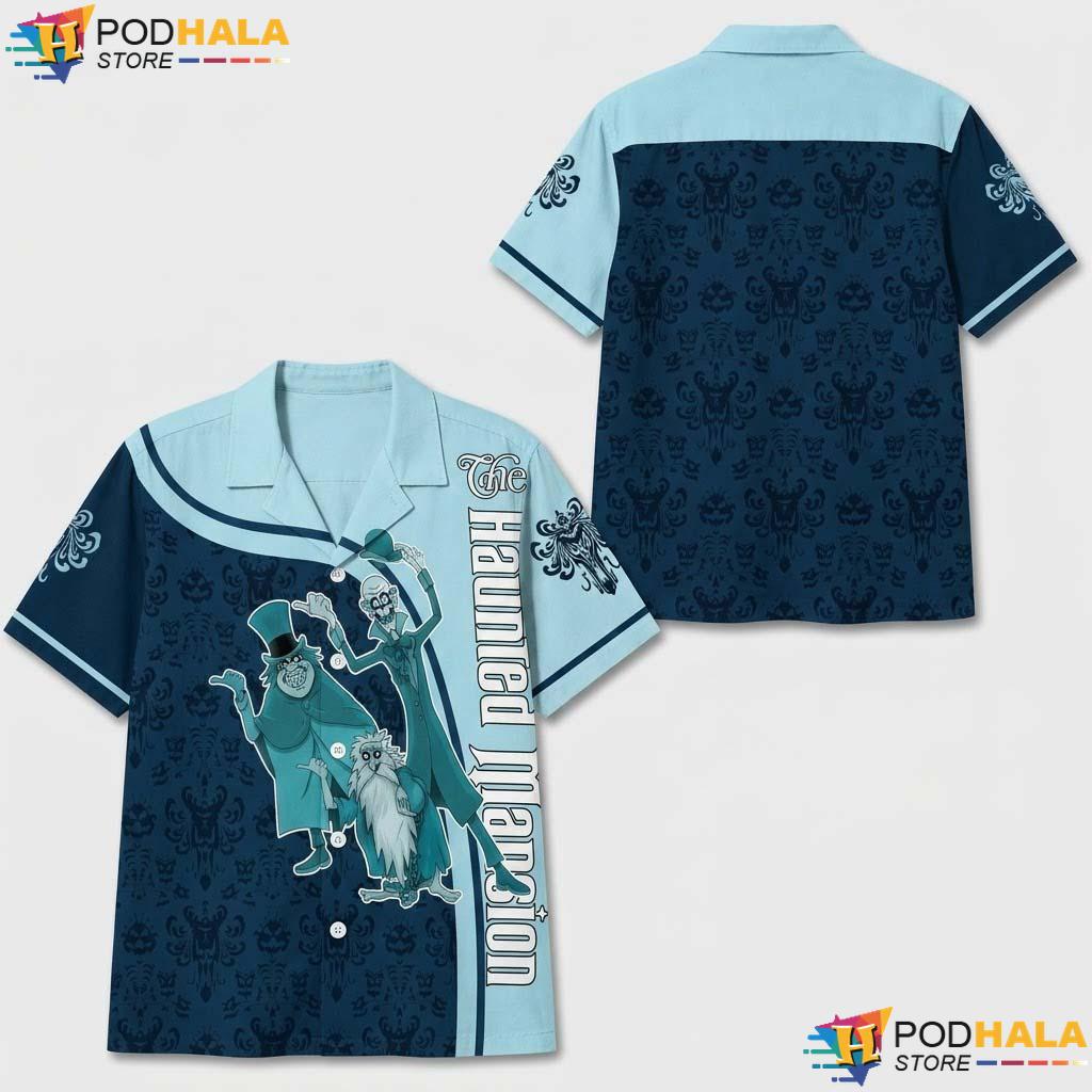 Mansion Light Blue Halloween Hawaiian Shirt Hitchhiking Ghost Party Top