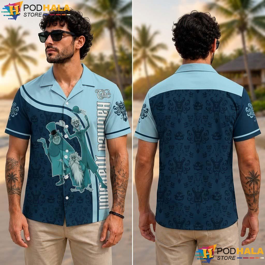Mansion Light Blue Halloween Aloha Shirt Hitchhiking Ghost Party Top Mansion Light Blue Halloween Aloha Shirt Hitchhiking Ghost Party Top