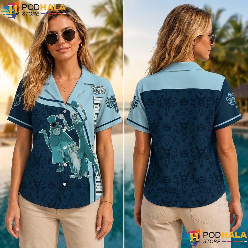 Mansion Light Blue Halloween Tropical Shirt Hitchhiking Ghost Party Top Mansion Light Blue Halloween Tropical Shirt Hitchhiking Ghost Party Top