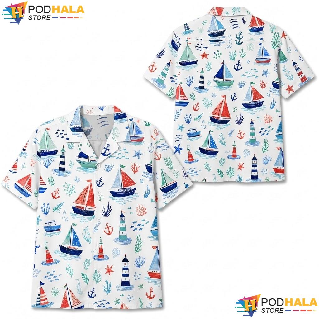 Marine Sailboat Aloha Shirt Classic Nautical Graphic Boys Summer Apparel