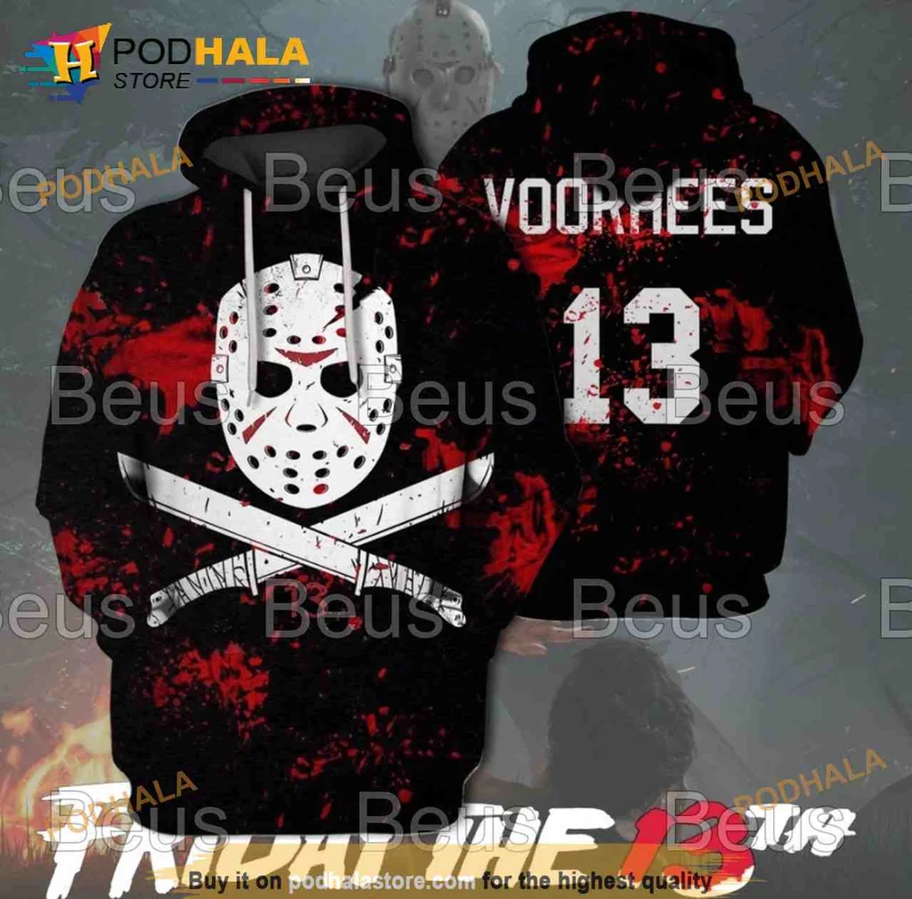 Menacing Jason Voorhees 3d Hoodie With Blood Splatter And Crossed Machetes