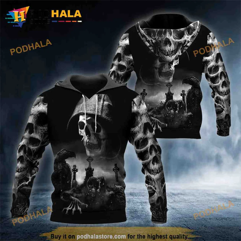 Menacing Skull Graveyard 3d Hoodie With Dark Gothic Design