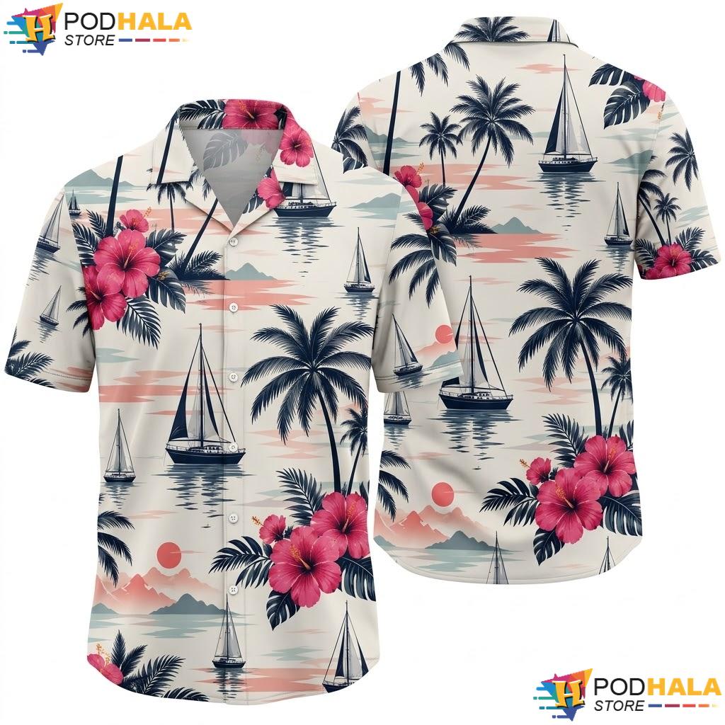 Mens Sailboat Hawaiian Shirt Nautical Adventure Casual Button Down Top