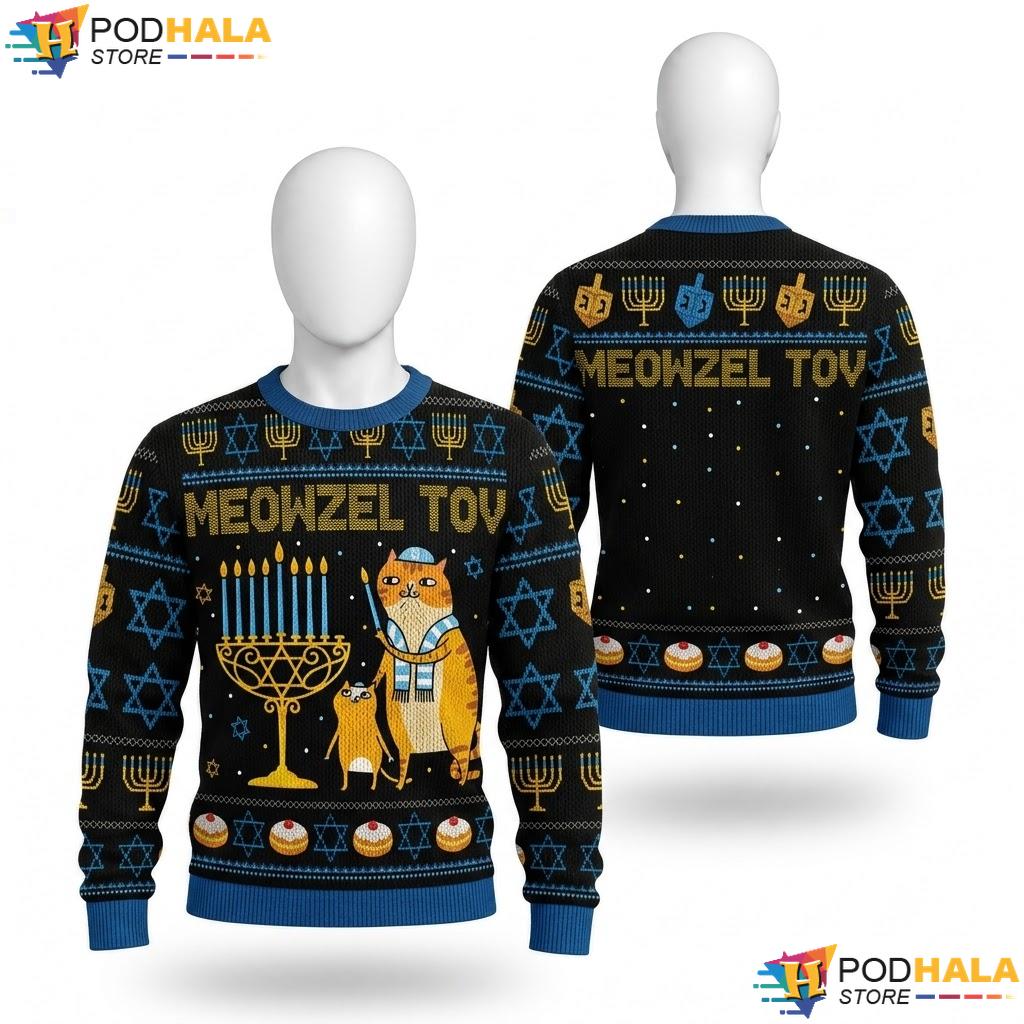 Meowzel Tov Hanukkah Cat Ugly Christmas Sweater Chanukah Jew Menorah