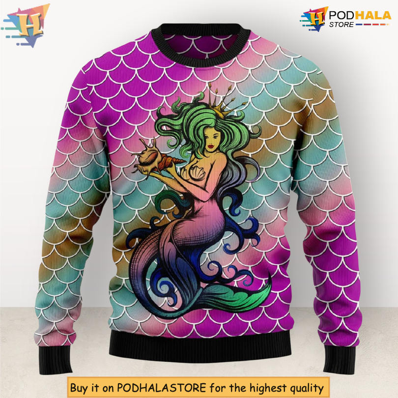 Mermaid Light Sea Ocean Theme Cute Fantasy Character Scene Holiday Christmas Sweater