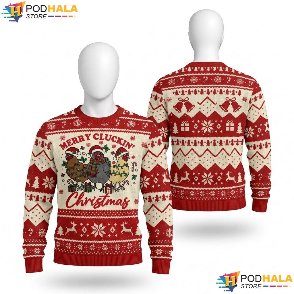 Merry Cluckin Humorous Chicken Sweater Funny Christmas Holiday Pullover