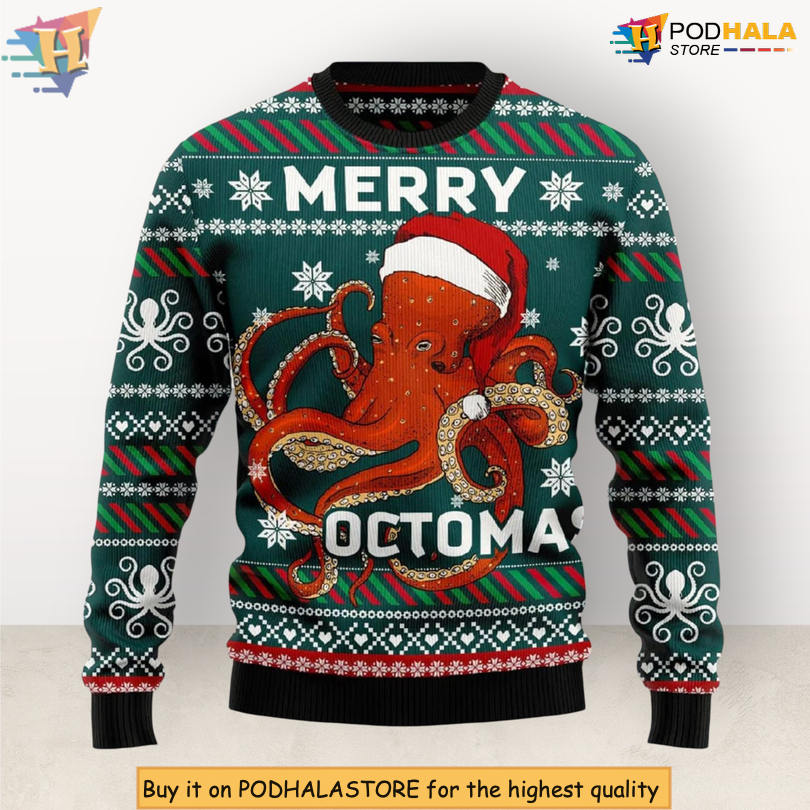 Merry Octomas Octopus Character Scene Underwater Pattern Funny Christmas Sweater