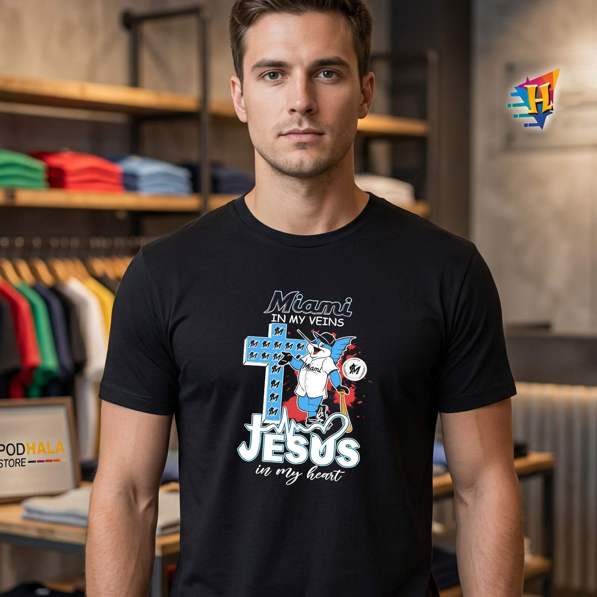 Miami Marlins Mascot Jesus Heart Shirt 2026 In My Veins Baseball Fan Graphic