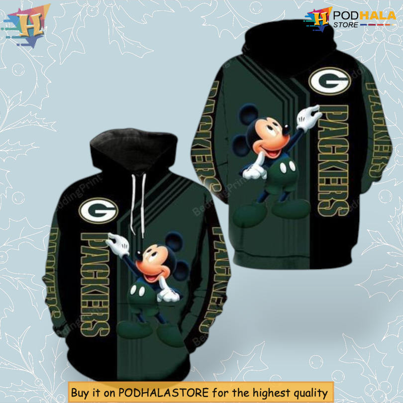 Mickey Mouse Character Green Bay Packers 3D Hoodie With Zip Up Option Mickey Mouse Character Green Bay Packers 3D Hoodie With Zip Up Option