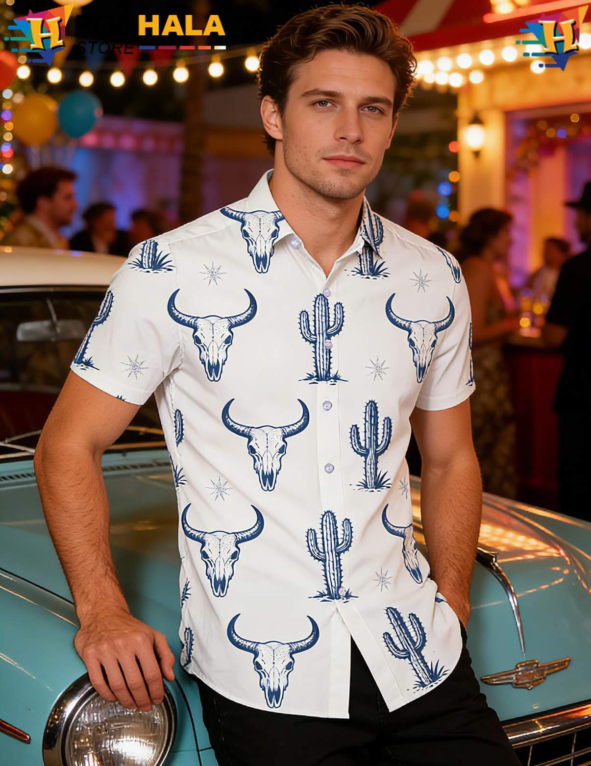 Midnight Blue Cowboy Hawaiian Shirt White Western Mens Beachwear Apparel