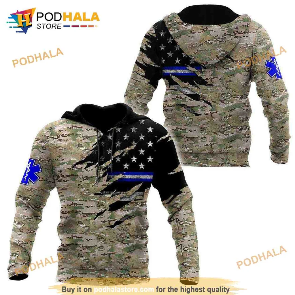 Military Camouflage American Flag 3d Hoodie With Blue Line And Emblem